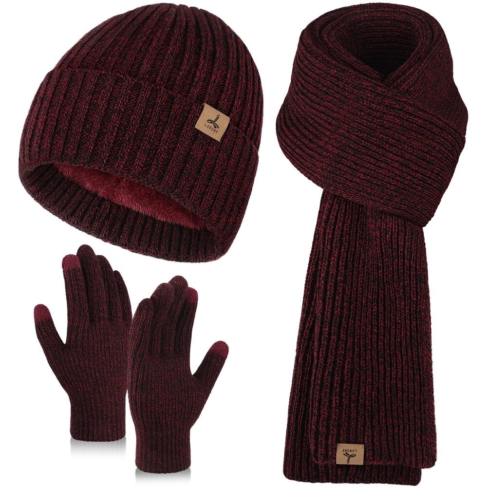 9824 4 PCS Winter Accessories, Wine Mix Hat Scarf Gloves Set, Fleece Lined